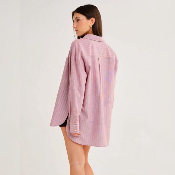 NWT Rumored - S, M  Ex-Boyfriend Button Up I Pink Nantucket Stripe - Picture 3 of 8